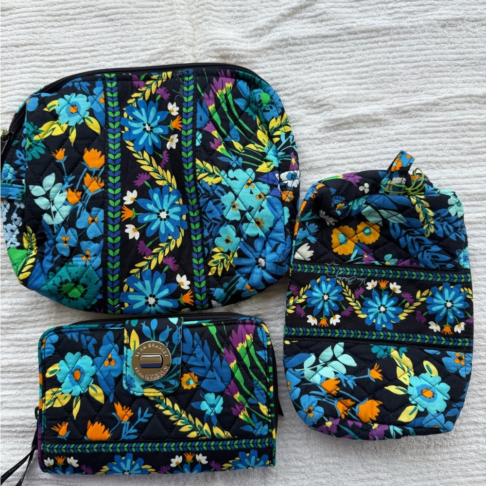 Vera Bradley Floral Quilted Key & Card Holder Set in Black, Blue, Teal, Yellow